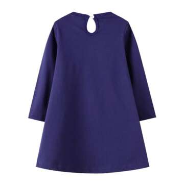 Toddler Girl Long Sleeve Dress | Unicorn Applique Cotton Casual Dress in Navy Blue