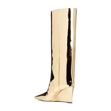 Metallic Wedge Knee High Boots for Women Pointed Toe Pull-On Wide Calf Fashion Chrome Tall Boot Dres...