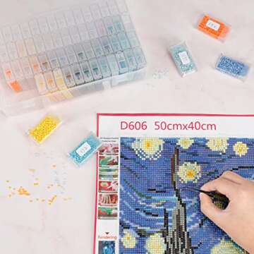 SGHUO 64 Grid Diamond Painting Storage Containers Diamond Art Accessories Tool Box Craft Storage with Adjustable Dividers for Beads, Art DIY, Crafts, Jewelry, Plastic Organizer with Label Stickers