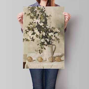 lmowbvtp Antique Vintage Flower Canvas Wall Art, Neutural Still Life Floral Oil Painting, Rustic Whi...