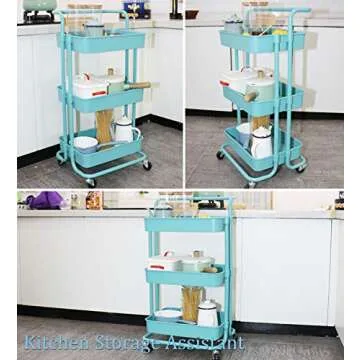 Piowio 3 Tier Utility Rolling Cart Multifunction Organizer Shelf Storage Cart with 3 Piece Cups and 8 Piece Hooks for Home Kitchen Bathroom Laundry Room Office Store etc. (Blue)