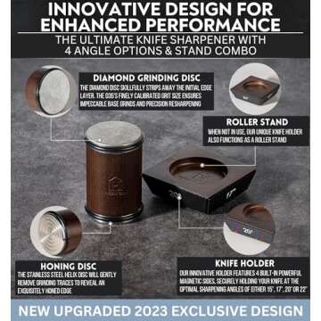 Rolling Knife Sharpener with Leather Strop & Adjustable Angles - Walnut Brown