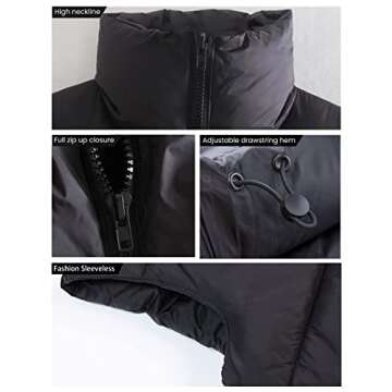 Daacee Women's Lightweight Winter Crop Puffer Vest Warm Sleeveless Zip Up Stand Collar Padded Gilet(0137-Black-L)