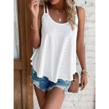 ATHMILE Tank Tops for Women 2025 Fashion Eyelet Embroidery Sleeveless Spaghetti Strap Tops Scoop Neck Sexy Loose Fit Casual Summer Flowy Cami White
