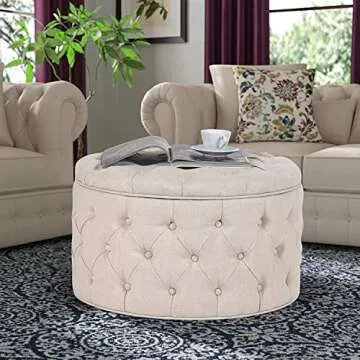 Homebeez 28 Inch Round Storage Ottoman Button-Tufted Fabric Footrest Stool Coffee Table for Living R...