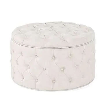 Homebeez 28 Inch Round Storage Ottoman Button-Tufted Fabric Footrest Stool Coffee Table for Living Room (Oatmeal)