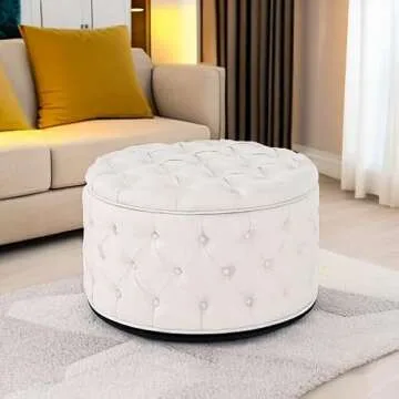 Homebeez 28 Inch Round Storage Ottoman Button-Tufted Fabric Footrest Stool Coffee Table for Living Room (Oatmeal)
