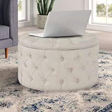Homebeez 28 Inch Round Storage Ottoman Button-Tufted Fabric Footrest Stool Coffee Table for Living Room (Oatmeal)