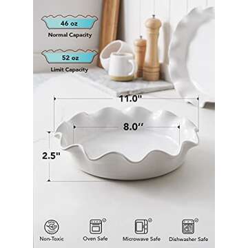 LE TAUCI Ceramic Pie Pans for Baking, 11 Inches Deep Dish Pie Plate for Apple Pie, Pot Pie, 48 Ounce Baking Dish with Ruffled Edge, Set of 2, White