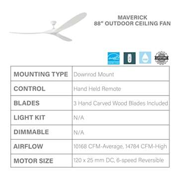 Monte Carlo 3MAVR88RZW Maverick Super Max Energy Star 88" Outdoor Ceiling Fan with Remote Control, 3 Balsa Wood Blades, Matte White