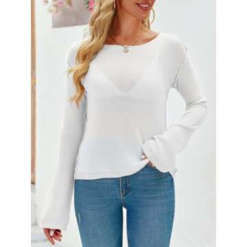 Imily Bela Womens Boat Neck Long Sleeve Lightweight Knit Blouse - Stylish & Casual