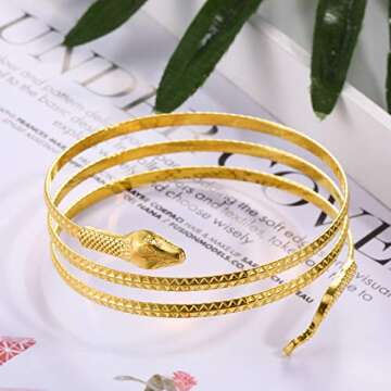 Hicarer 2 Pack Gold Snake Arm Cuff Halloween Snake Armband Swirl Snake Bracelets Spiral Upper Arm Cu...