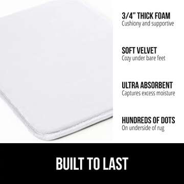 Gorilla Grip Thick Memory Foam Bath Rugs, Soft Absorbent Velvet Bathroom Mats, Durable Dots on Underside, Machine Washable Bathmat, Carpet Rug Room Decor for Shower Floor, 30x20 Mat, White