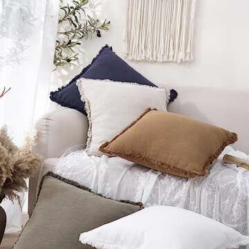 Foindtower Set of 2 Decorative Linen Fringe Throw Pillow Covers Cozy Boho Farmhouse Cushion Cover with Tassels Soft Accent Pillowcase for Couch Sofa Bed Living Room Home Decor, 24×24 Inch, Khaki Brown