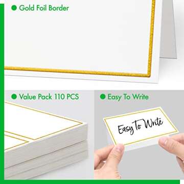 110 PCS Tent Cards, Small Place Cards with Gold Foil Border Delicate Seating Cards Blank Name Cards Escort Cards for Wedding, Table, Dinner Parties, Receptions (Each Measures 2” x 3.5”)