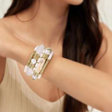 Emibele Bamboo Tube Bangles Bracelet Stack, Chunky Curved Stacking Bracelet Set, Colorful Acrylic Beaded Stretch Bracelets Jewelry Gifts for Women, White & Gold