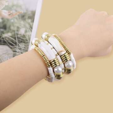 Emibele Bamboo Tube Bangles Bracelet Stack, Chunky Curved Stacking Bracelet Set, Colorful Acrylic Beaded Stretch Bracelets Jewelry Gifts for Women, White & Gold