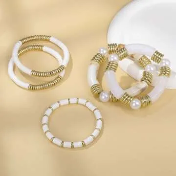 Emibele Bamboo Tube Bangles Bracelet Stack, Chunky Curved Stacking Bracelet Set, Colorful Acrylic Beaded Stretch Bracelets Jewelry Gifts for Women, White & Gold