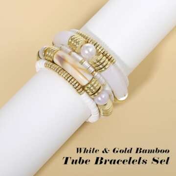 Emibele Bamboo Tube Bangles Bracelet Stack, Chunky Curved Stacking Bracelet Set, Colorful Acrylic Beaded Stretch Bracelets Jewelry Gifts for Women, White & Gold