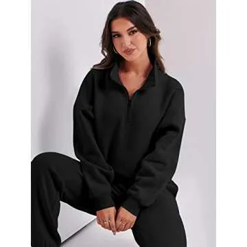 Prinbara Women 2 Piece Outfits Sweat Set 2024 Winter Oversized Sweatshirts Jogger Sweatpants Lounge Sets Fall Tracksuit Black Small