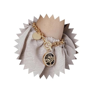 Zeshimb Chunky Chain Bracelet Gold Link Chain Toggle Bracelet Rhinestone Disc Charm OT Clasp Jewelry...