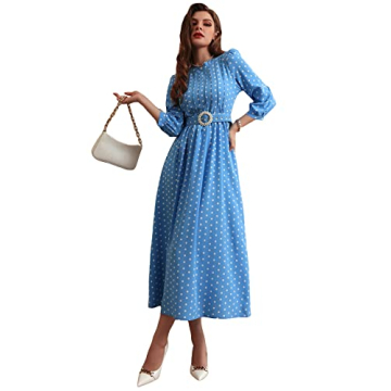 WDIRARA Women's Polka Dots Puff 3/4 Sleeve A Line Pleated Belted Flare Cocktail Long Dress Blue S