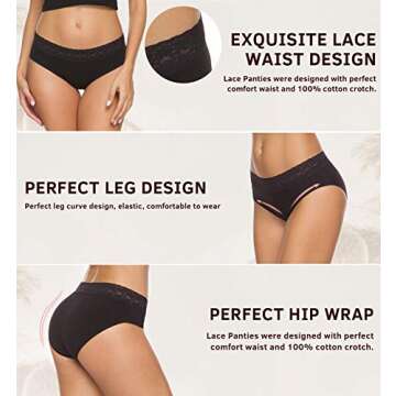 GNEPH Hipster Panties for Women Cotton Underwear Lace Bikini Hip-huggers Panties 5 Pack (218-Black, XL)