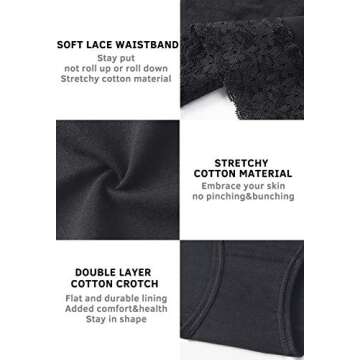GNEPH Hipster Panties for Women Cotton Underwear Lace Bikini Hip-huggers Panties 5 Pack (218-Black, XL)