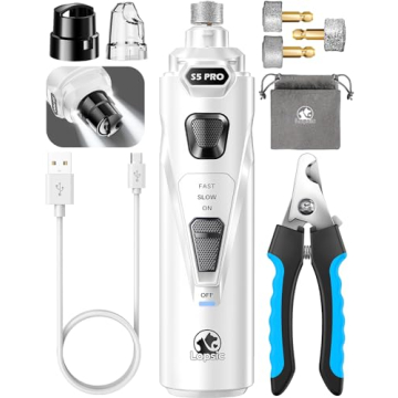 Dog Nail Grinder with 2 LED Lights Powerful 2 Speeds Super Quiet Dog Nail Trimmers with 3 Grinding W...