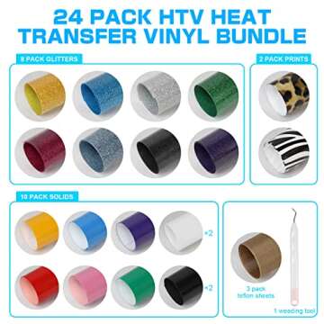 HTV Heat Transfer Vinyl Bundle: 24 Pack 12"x10" Iron on Vinyl for T-Shirt, 8 Glitter HTV, 12 Assorted Colors HTV Vinyl, 3 Teflon Sheets with HTV Accessories Tweezers for Cricut, Cameo or Heat Press