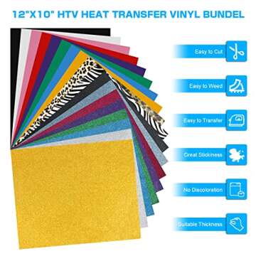 HTV Heat Transfer Vinyl Bundle: 24 Pack 12"x10" Iron on Vinyl for T-Shirt, 8 Glitter HTV, 12 Assorted Colors HTV Vinyl, 3 Teflon Sheets with HTV Accessories Tweezers for Cricut, Cameo or Heat Press