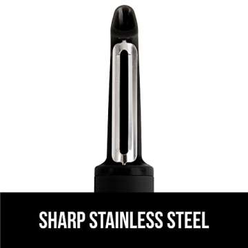 Gorilla Grip Sharp Stainless Steel Swivel Vegetable Peeler, Comfortable Handle, Dishwasher Safe, Potato Peelers for Kitchen, Smooth Peeling, Peel Veggies, Apple, Corn, Includes Blade Guard, Black
