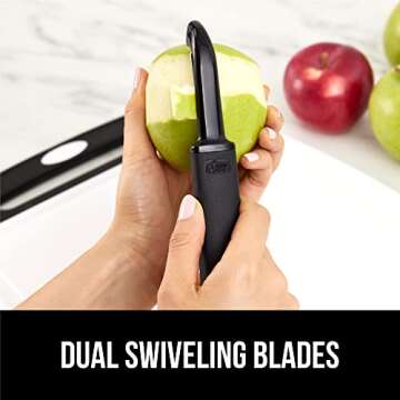 Gorilla Grip Sharp Stainless Steel Swivel Vegetable Peeler, Comfortable Handle, Dishwasher Safe, Potato Peelers for Kitchen, Smooth Peeling, Peel Veggies, Apple, Corn, Includes Blade Guard, Black