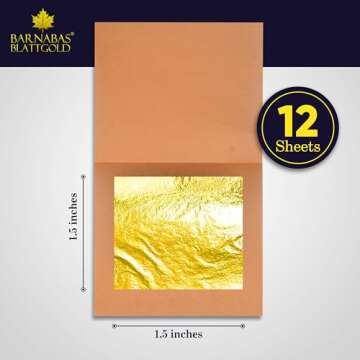 Edible Gold Leaf 24K by Barnabas Blattgold - Cake Decorations, Loose Gold Leaf Sheets for Cupcakes, 1.5 inches, Book of 12 Gold Foil Sheets