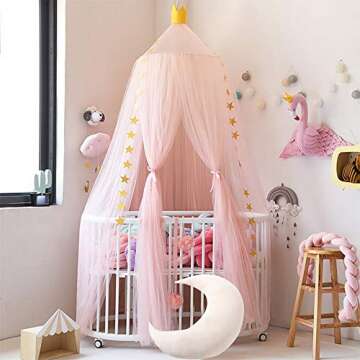 Didihou Bed Canopy for Kids Room, Yarn Play Tent Bedding for Kids Playing Reading with Children Round Lace Dome Netting Curtains Baby Boys and Girls Games House (Peach)