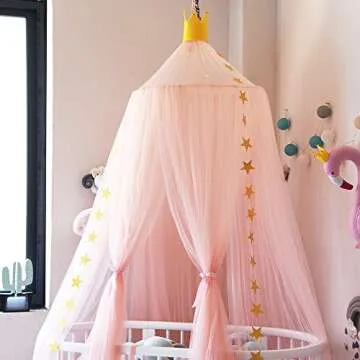 Didihou Bed Canopy for Kids Room, Yarn Play Tent Bedding for Kids Playing Reading with Children Round Lace Dome Netting Curtains Baby Boys and Girls Games House (Peach)