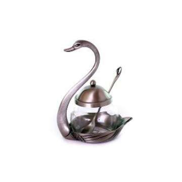 Nickel Swan Shape Honey Dish and Spoon for Rosh Hashanah