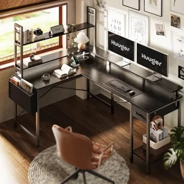 Huuger L Shaped Desk with LED Lights and Power Outlets