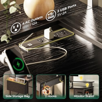 Huuger L Shaped Desk with LED Lights and Power Outlets