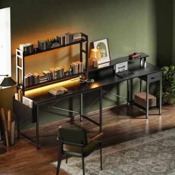 Huuger L Shaped Desk with LED Lights and Power Outlets