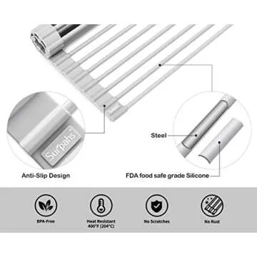 Surpahs Over Sink Foldable Multipurpose Roll-Up Dish Drying Rack, Silicone Wrapped Stainless Steel, Warm Gray, 20.5" x 15.5"