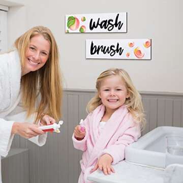 Yookeer Wooden Peach Bathroom Wall Decor 4 Pieces for Rustic Bathroom Signs Decor Wash Brush Flush F...