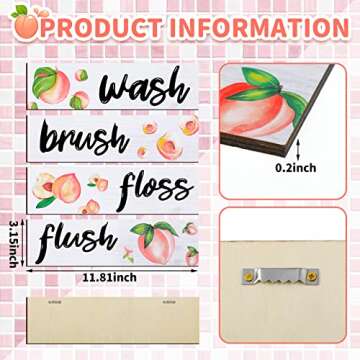 Yookeer Wooden Peach Bathroom Wall Decor 4 Pieces for Rustic Bathroom Signs Decor Wash Brush Flush Floss Wall Art Farmhouse Wood Hanging Signs for Laundry Room(11.8 x 3.5 Inch)