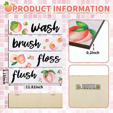 Yookeer Wooden Peach Bathroom Wall Decor 4 Pieces for Rustic Bathroom Signs Decor Wash Brush Flush Floss Wall Art Farmhouse Wood Hanging Signs for Laundry Room(11.8 x 3.5 Inch)