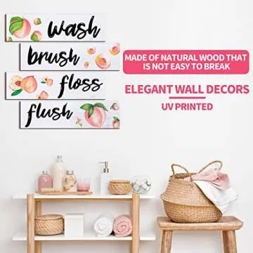 Yookeer Wooden Peach Bathroom Wall Decor 4 Pieces for Rustic Bathroom Signs Decor Wash Brush Flush Floss Wall Art Farmhouse Wood Hanging Signs for Laundry Room(11.8 x 3.5 Inch)