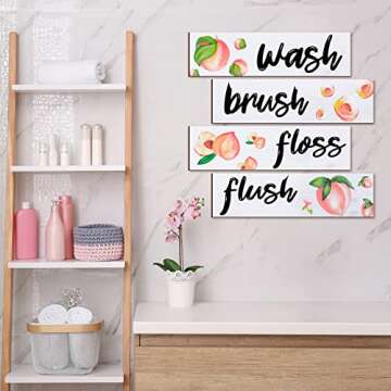 Yookeer Wooden Peach Bathroom Wall Decor 4 Pieces for Rustic Bathroom Signs Decor Wash Brush Flush Floss Wall Art Farmhouse Wood Hanging Signs for Laundry Room(11.8 x 3.5 Inch)