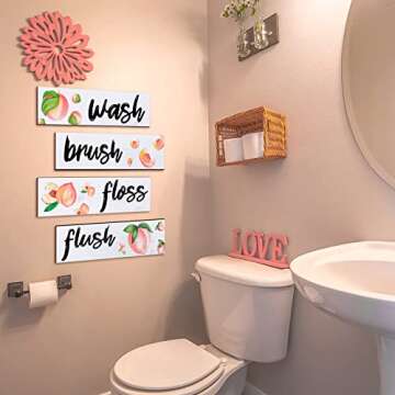 Yookeer Wooden Peach Bathroom Wall Decor 4 Pieces for Rustic Bathroom Signs Decor Wash Brush Flush Floss Wall Art Farmhouse Wood Hanging Signs for Laundry Room(11.8 x 3.5 Inch)