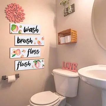 Yookeer Wooden Peach Bathroom Wall Decor 4 Pieces for Rustic Bathroom Signs Decor Wash Brush Flush Floss Wall Art Farmhouse Wood Hanging Signs for Laundry Room(11.8 x 3.5 Inch)