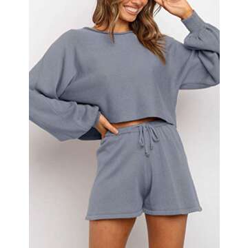 ZESICA Women's Casual Long Sleeve Solid Color Knit Pullover Sweatsuit 2 Piece Short Sweater Outfits Sets,Grey,Large