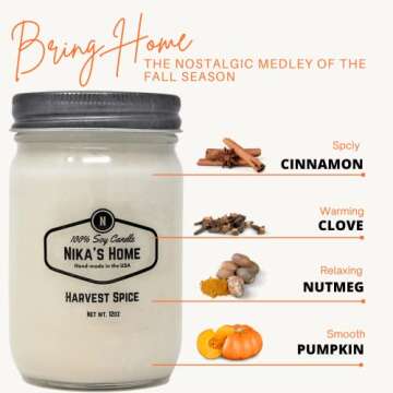 Nika's Home Harvest Spice Soy Candle 12oz Mason Jar Non-Toxic White Candle-Hand Poured Handmade, Cle...